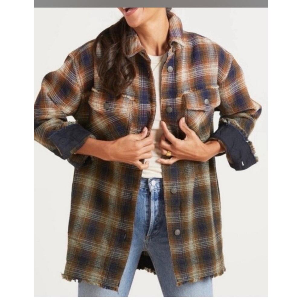 We The Free People Anneli Plaid Shirt Jacket Shacket Large Green Blue Ombré